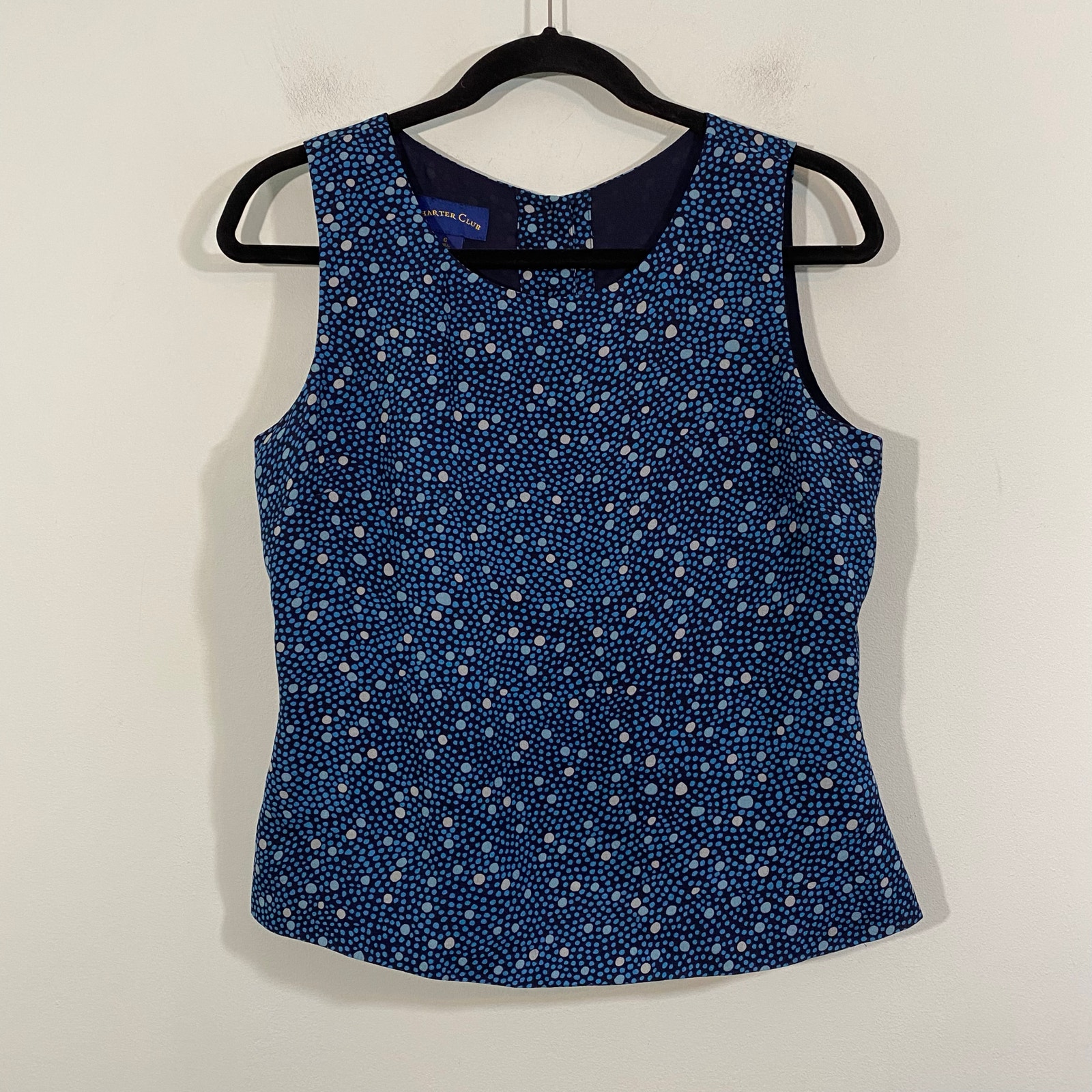 Charter Club Women Blue Graphics 100% Silk Back Button Sleeveless Blouse Size 6
